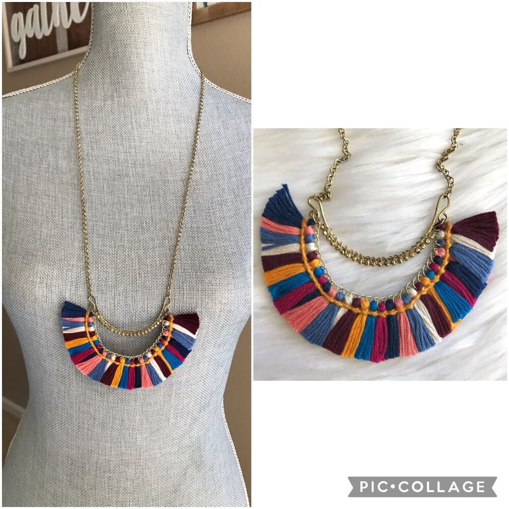 NWT Anthropologie Jewelry Multicolor String Fringe Tassel Statement Necklace